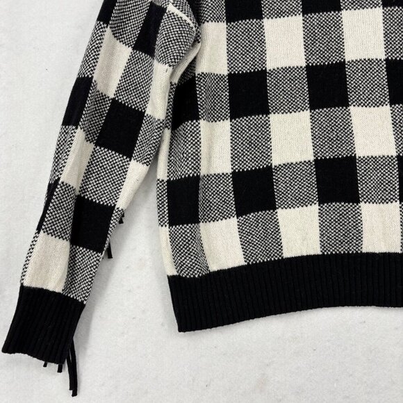 Ralph Lauren Fringe Sweater Size M Black White Buffalo Plaid Wool Blend - Picture 5 of 11